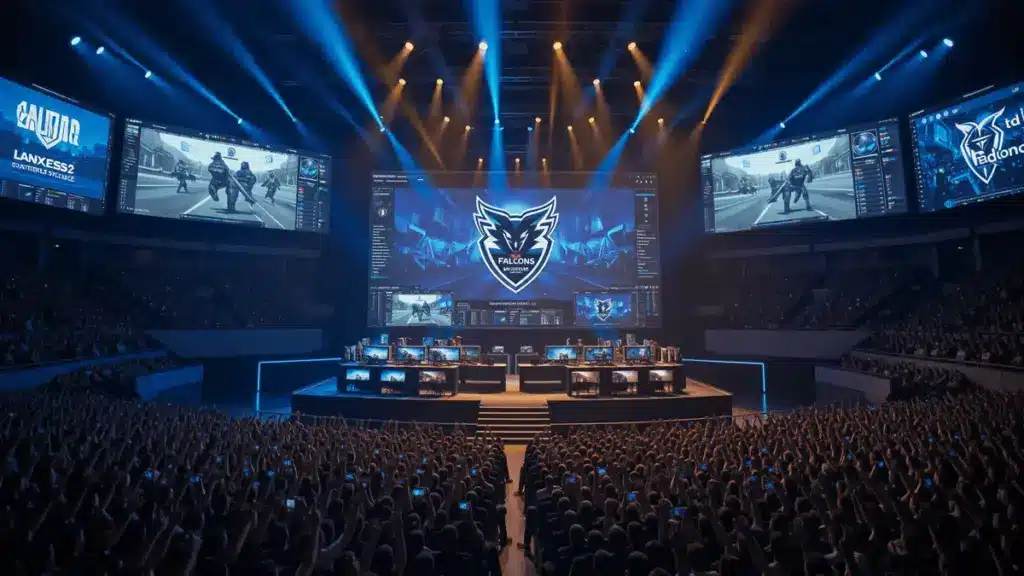 Team Falcons winning IEM Cologne 2026 CS2 Major championship at LANXESS Arena with dramatic stage lighting