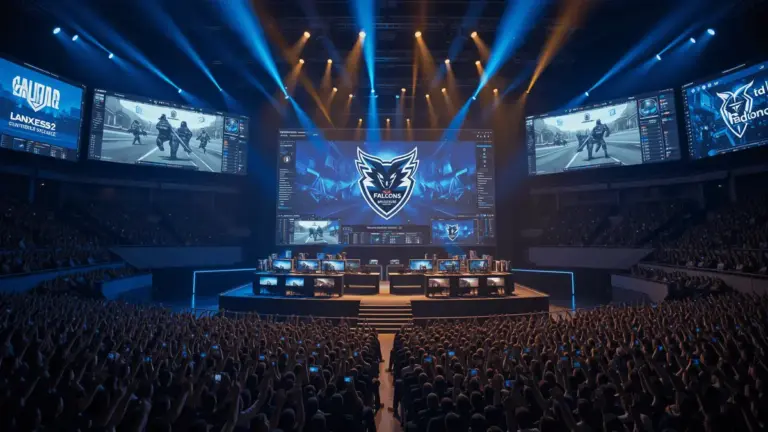 Team Falcons winning IEM Cologne 2026 CS2 Major championship at LANXESS Arena with dramatic stage lighting