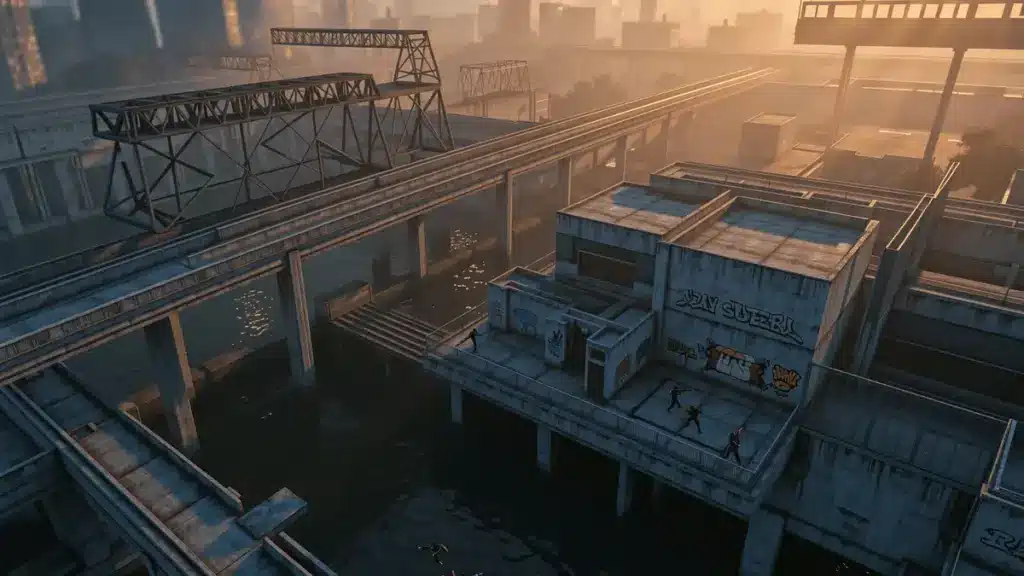 Overpass map from Counter-Strike 2 showing industrial environment and competitive gaming arena