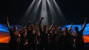FURIA esports team celebrating Major tournament victory on stage with dramatic lighting