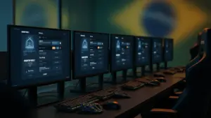 Empty esports gaming stations with CS2 on monitors in dimly lit professional facility