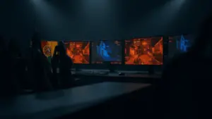 Empty esports arena chairs with CS2 monitors representing Gentle Mates roster transition