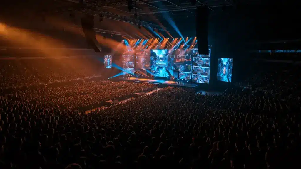 Packed esports arena with massive screens showing Counter-Strike 2 gameplay and thousands of fans