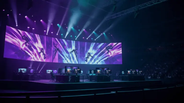Dramatic esports arena stage with purple and cyan lighting for IEM Cologne Major 2026 CS2 playoffs