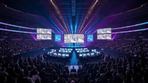 Professional esports arena during IEM Cologne Major 2026 Counter-Strike semifinal with dramatic stage lighting