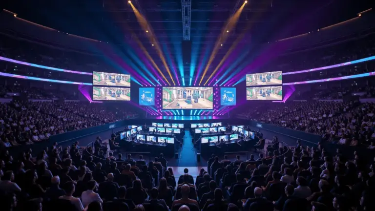 Professional esports arena during IEM Cologne Major 2026 Counter-Strike semifinal with dramatic stage lighting