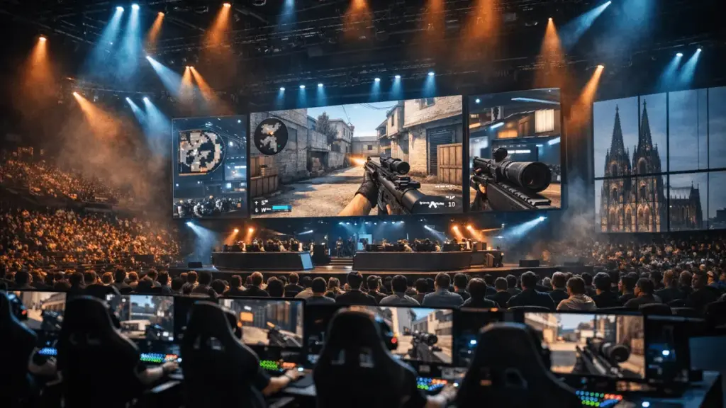IEM Cologne Major 2026 esports arena with gaming stations and stage lighting