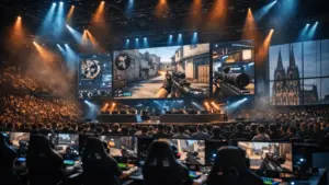 IEM Cologne Major 2026 esports arena with gaming stations and stage lighting