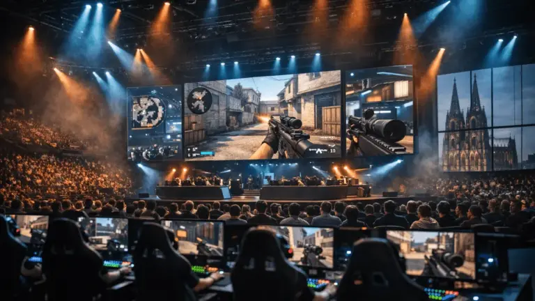IEM Cologne Major 2026 esports arena with gaming stations and stage lighting