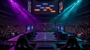 Professional esports arena with playoff bracket displayed on massive screens during CS2 tournament
