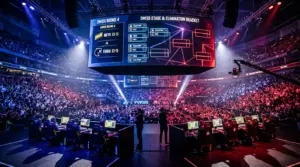 IEM Cologne CS2 Major arena stage with tournament bracket display and competitive gaming setup during elimination rounds