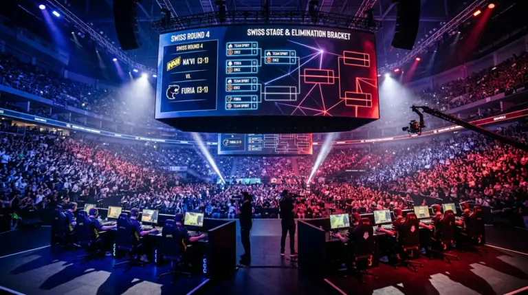 IEM Cologne CS2 Major arena stage with tournament bracket display and competitive gaming setup during elimination rounds