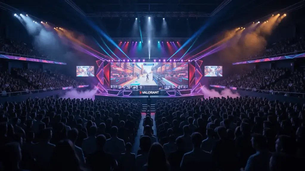 Packed VALORANT Masters London 2026 esports arena with massive LED screens and enthusiastic crowd