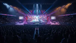 Packed VALORANT Masters London 2026 esports arena with massive LED screens and enthusiastic crowd
