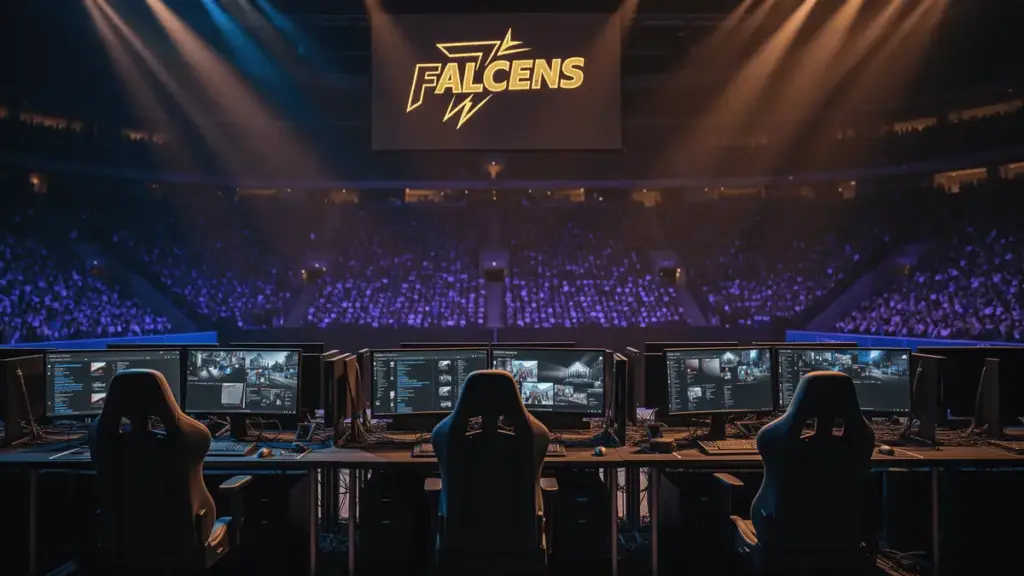 Empty Falcons player stations on esports arena stage at IEM Cologne Major tournament
