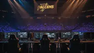 Empty Falcons player stations on esports arena stage at IEM Cologne Major tournament