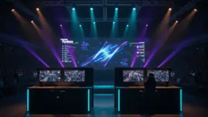 Esports tournament stage in Bucharest with gaming stations and dramatic lighting for LAN semi-finals