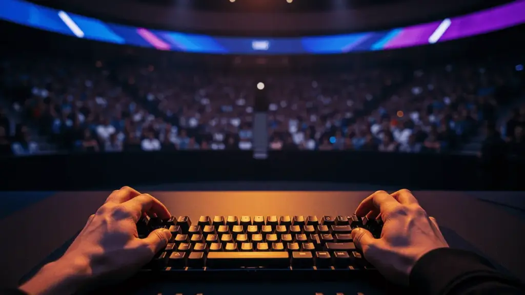 Professional CS player competing at major esports tournament arena with dramatic stage lighting