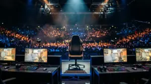 Empty coach's chair at professional CS2 esports tournament stage with gaming monitors