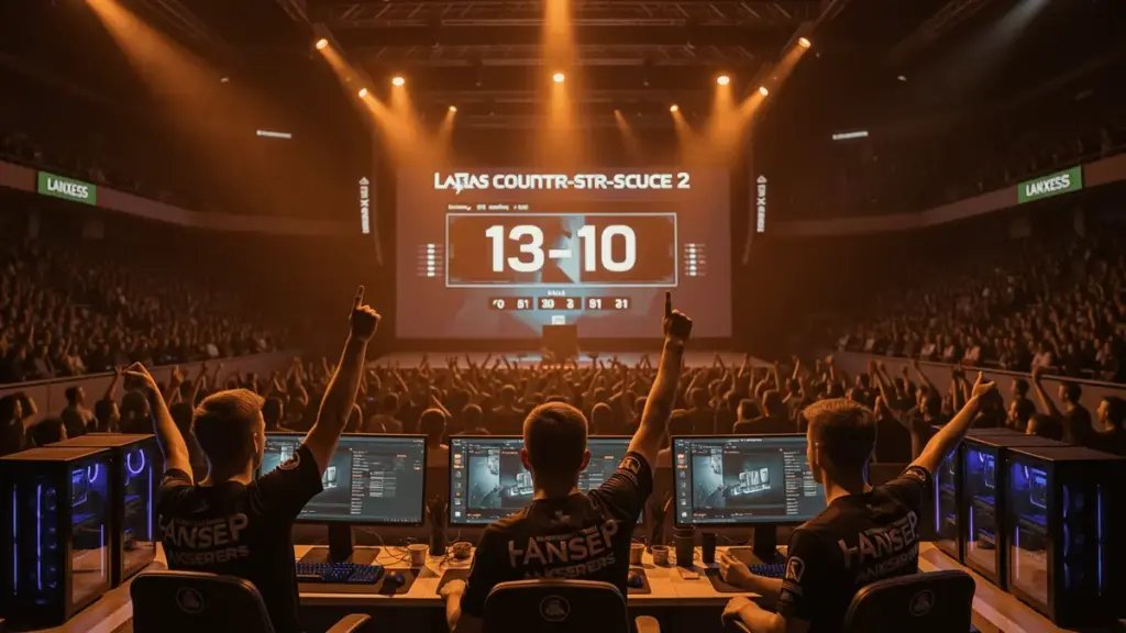 Team Falcons celebrating CS2 Major victory over Vitality at IEM Cologne 2026 arena