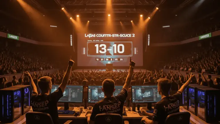 Team Falcons celebrating CS2 Major victory over Vitality at IEM Cologne 2026 arena