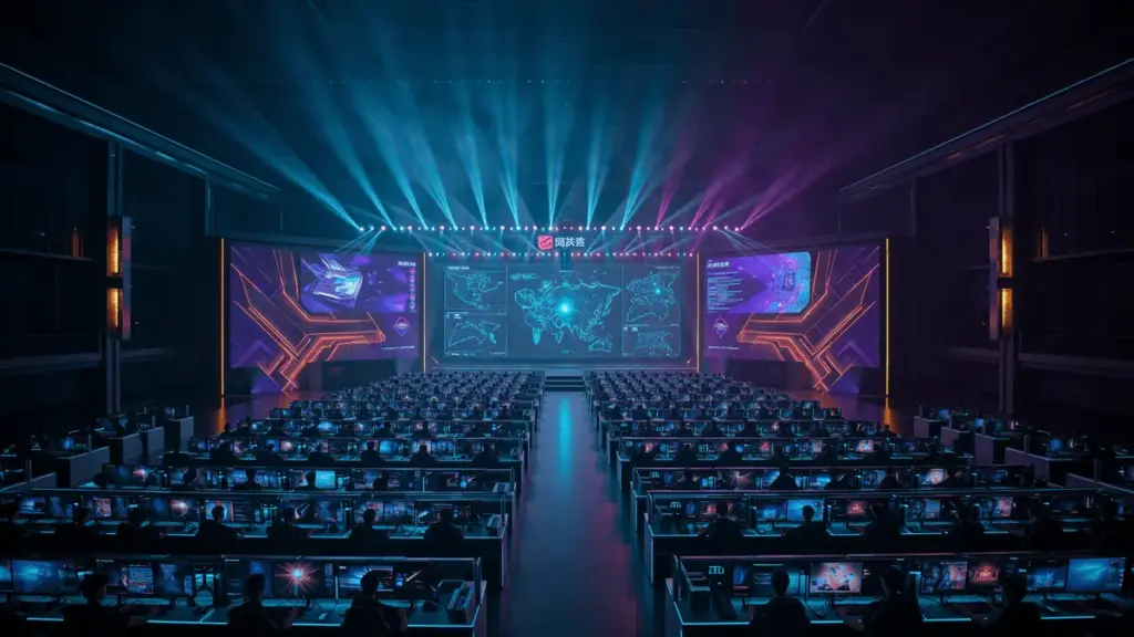 Futuristic esports arena in Guangzhou with gaming stations and dramatic stage lighting for CS2 tournament