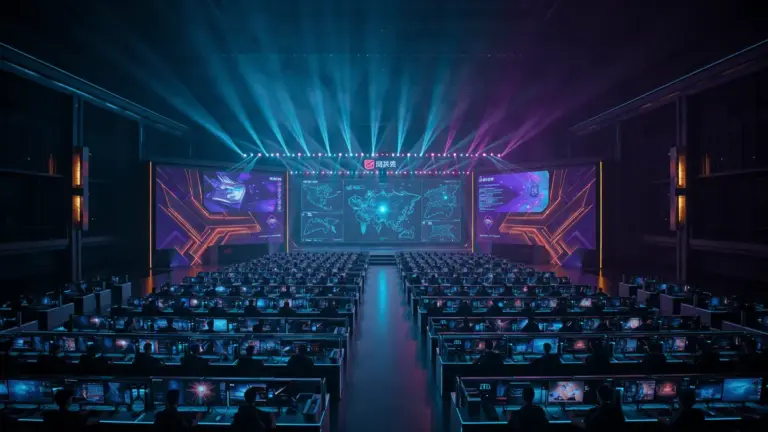 Futuristic esports arena in Guangzhou with gaming stations and dramatic stage lighting for CS2 tournament