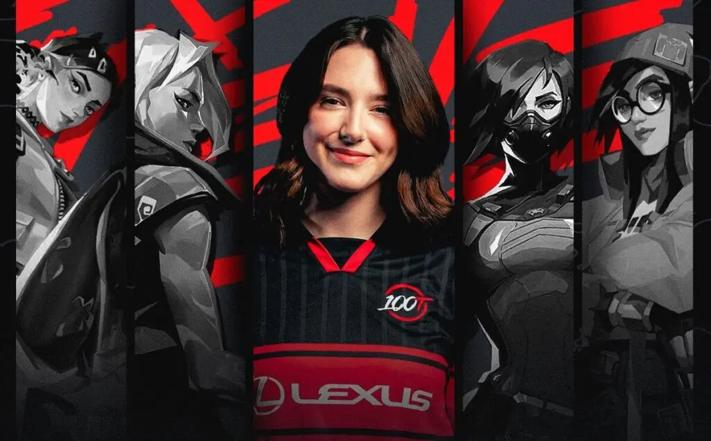 A woman in a 100 Thieves jersey with Valorant characters in the background.