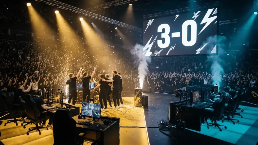 Esports stadium with CS2 grand final setup showing dramatic lighting and 3-0 scoreboard display
