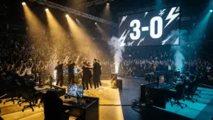 Esports stadium with CS2 grand final setup showing dramatic lighting and 3-0 scoreboard display