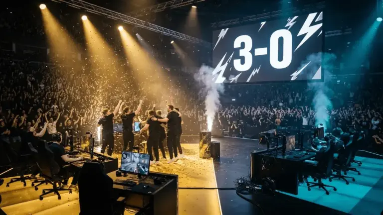 Esports stadium with CS2 grand final setup showing dramatic lighting and 3-0 scoreboard display