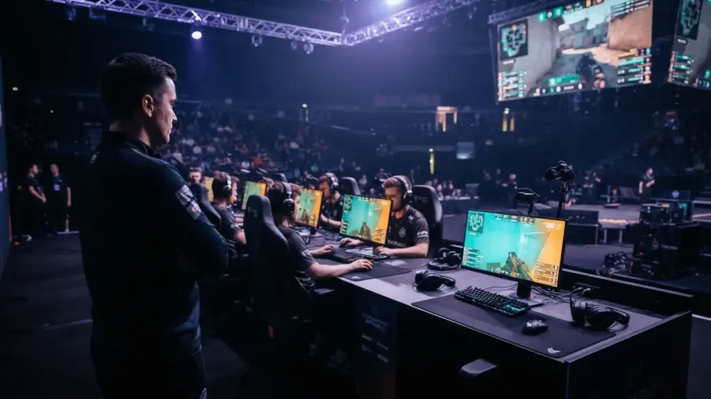 Coach overlooking professional CS2 gaming stations in tournament arena with dramatic lighting