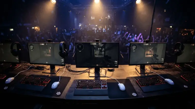 Professional CS2 gaming stations with dramatic lighting at an esports LAN tournament venue