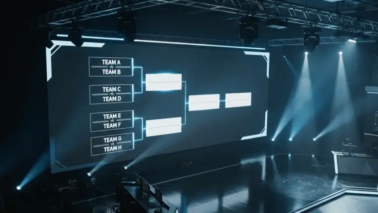 Professional esports tournament bracket display on LED screen in Malta arena with dramatic stage lighting