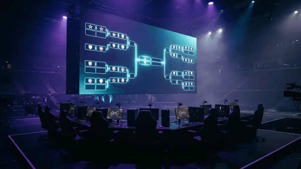 BLAST Bounty CS2 tournament stage with bracket display and gaming stations in dramatic purple lighting