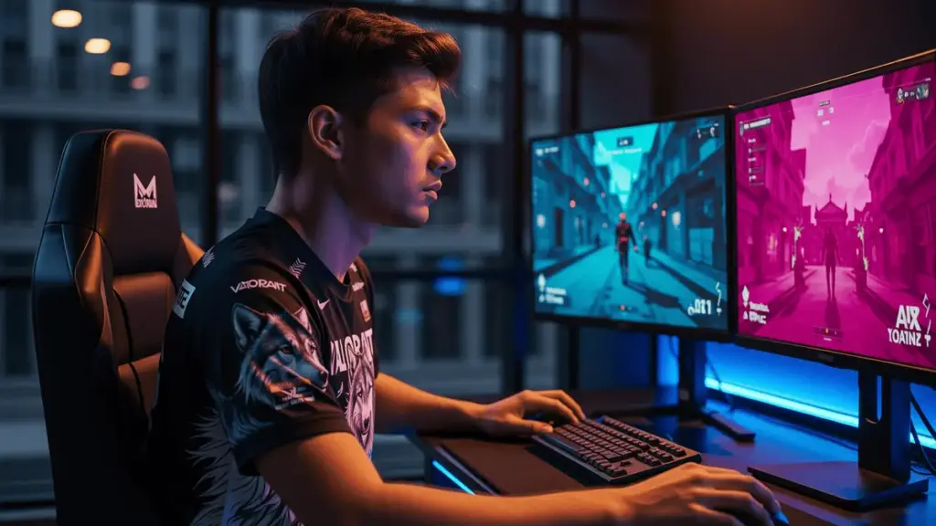 Professional Valorant esports player at gaming station in Chinese training facility