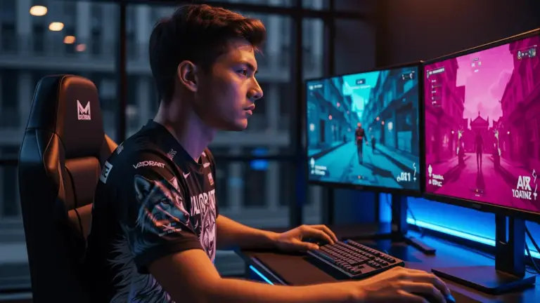 Professional Valorant esports player at gaming station in Chinese training facility