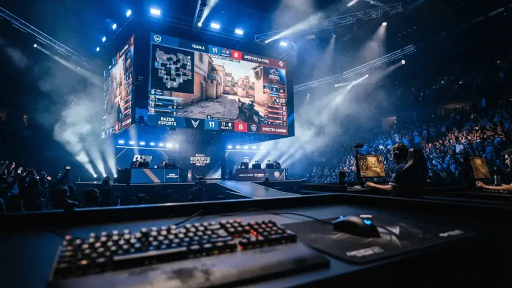 Counter-Strike 2 esports tournament stage with gaming setup and LED screens showing tactical gameplay