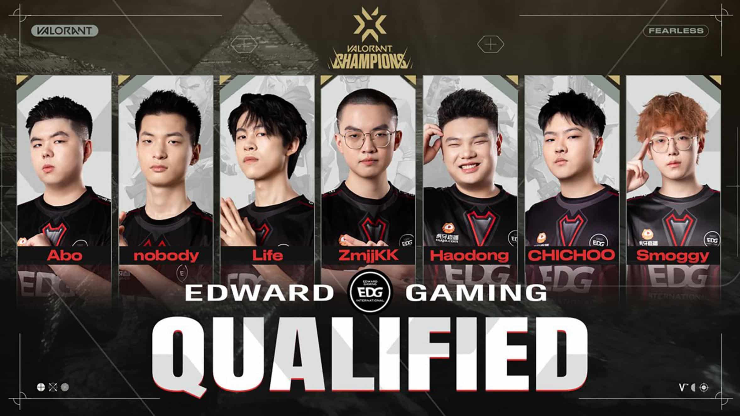 The Edward Gaming Valorant team members with their names and 'Qualified' text.