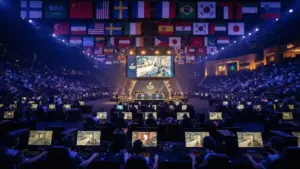 Esports tournament arena with national flags and gaming stations for Counter-Strike Nations Cup qualifying