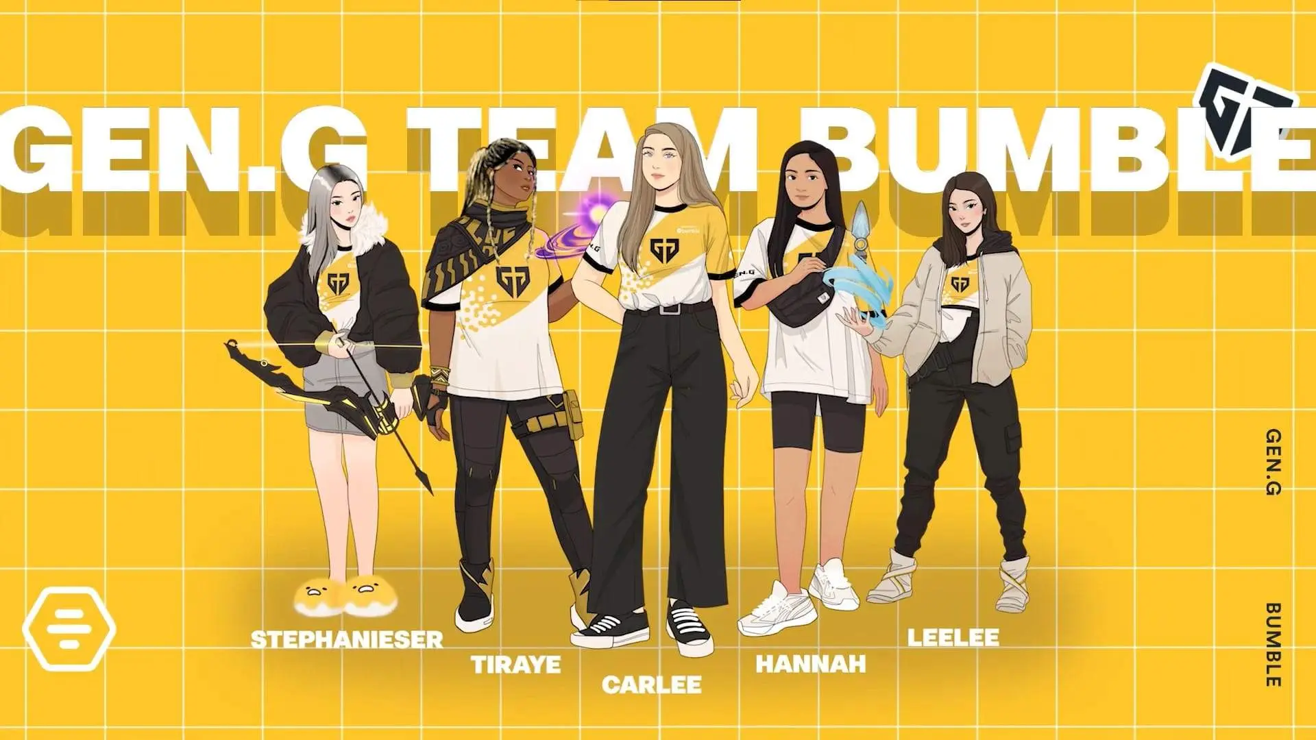 Illustration of Gen.G Esports Valorant team players in team jerseys.