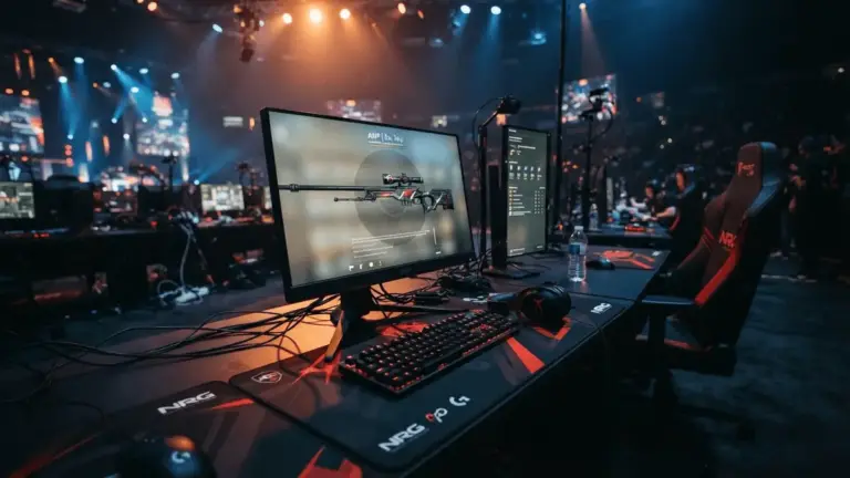 Empty esports gaming station with AWP rifle on screen, dramatic arena lighting, suggesting CS2 roster change