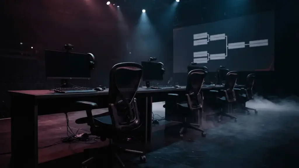 Empty CS2 esports stage with vacant gaming stations under dramatic tournament lighting
