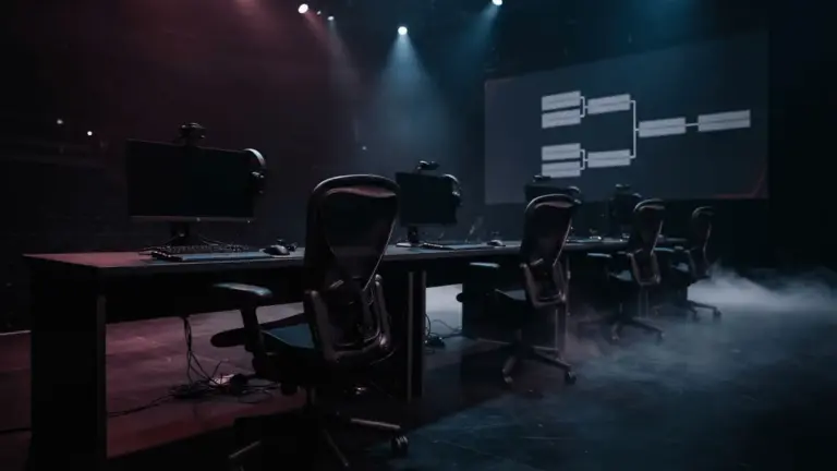 Empty CS2 esports stage with vacant gaming stations under dramatic tournament lighting