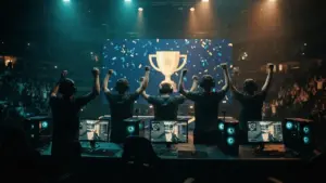 CS2 esports team celebrating tournament victory with raised arms at gaming stations