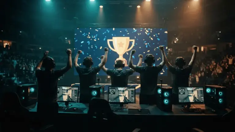 CS2 esports team celebrating tournament victory with raised arms at gaming stations