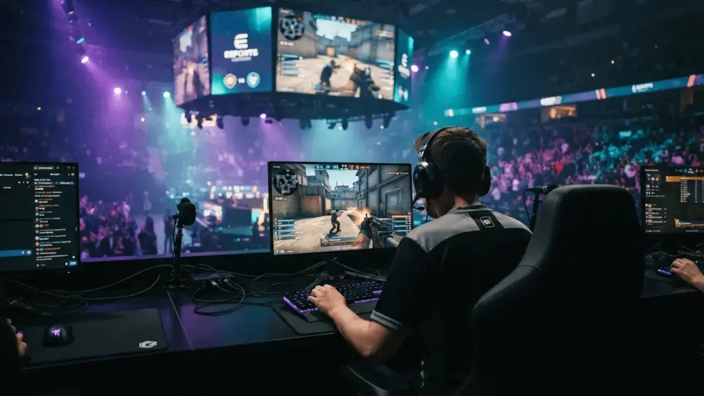 Professional CS2 esports match on Nuke map with dramatic stadium lighting and gaming setup