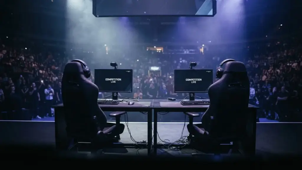 Two empty gaming chairs at esports tournament desk with dramatic stage lighting