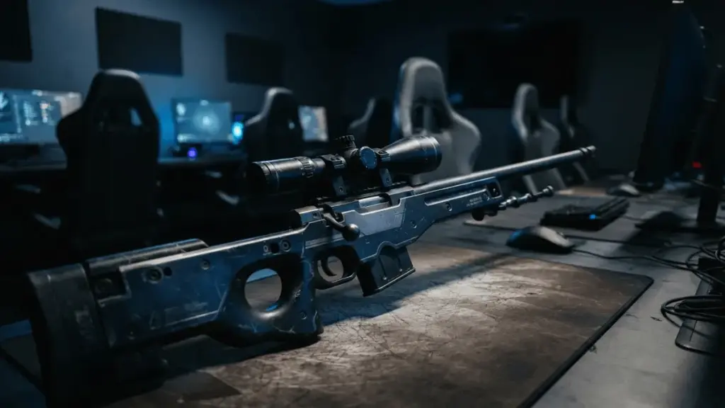 AWP sniper rifle in Team Liquid colors on esports desk with gaming setup in background