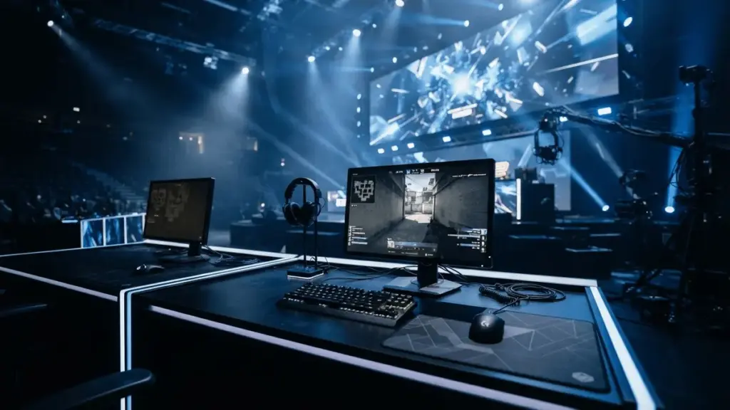 Professional CS2 esports tournament stage with gaming setup and blue dramatic lighting